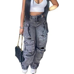 Chic Women's Y2K High Waisted Cargo Jeans - Distressed Wide Leg, Multi Pockets